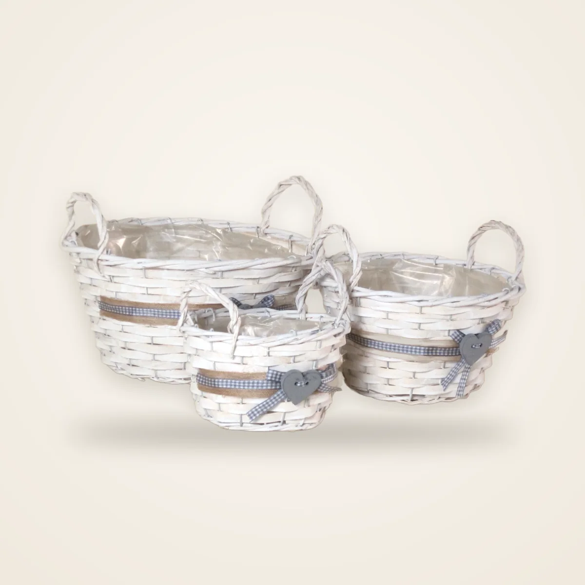 Set di tre cestini in vimini bianco